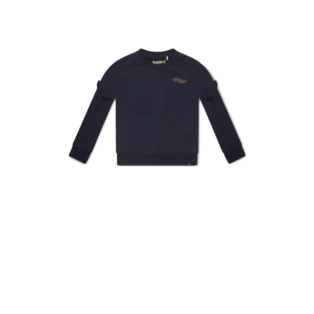 Donkerblauwe meisjes Koko Noko sweater Nova van stretchkatoen met effen, lange mouwen, ronde hals en geribde boorden