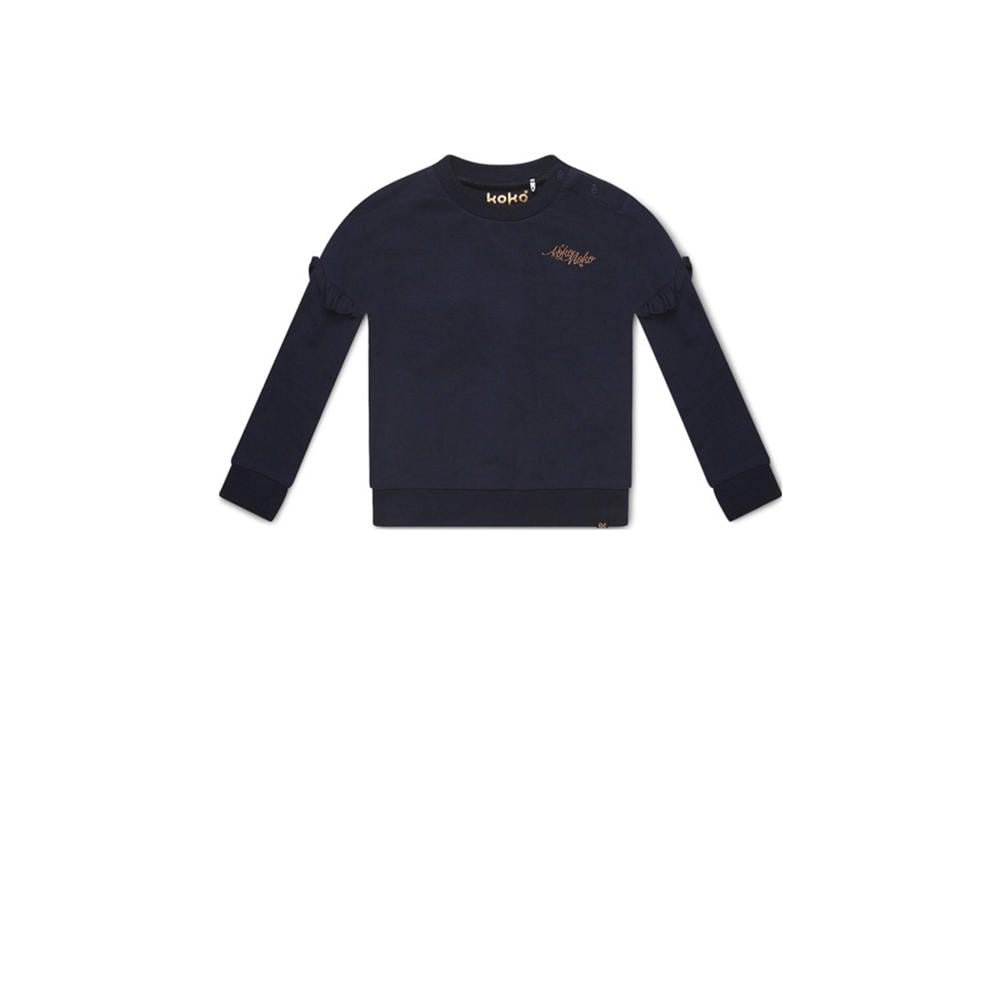 Donkerblauwe meisjes Koko Noko sweater Nova van stretchkatoen met effen, lange mouwen, ronde hals en geribde boorden