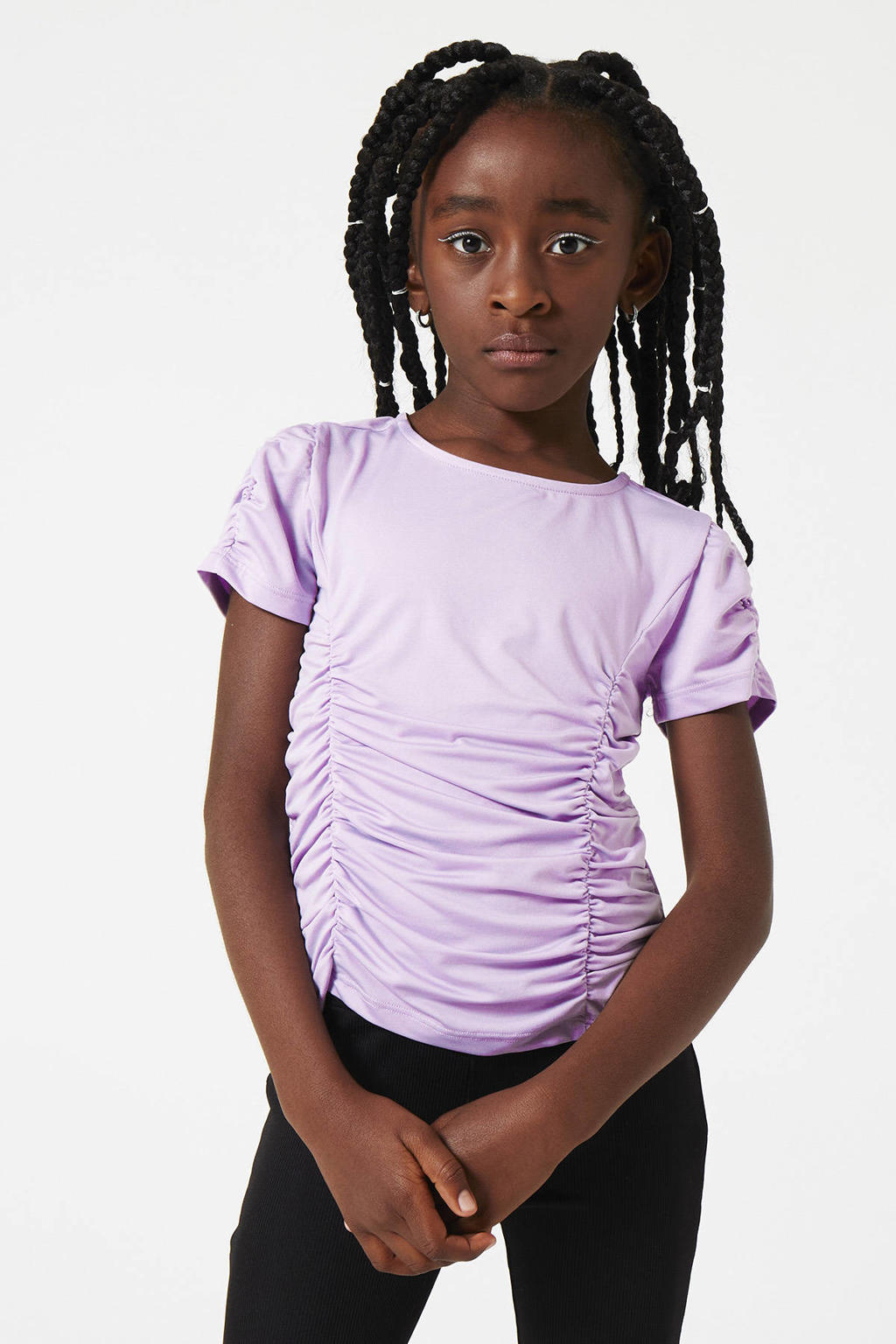 Paarse meisjes CoolCat Junior T-shirt Elijn van polyester met korte mouwen, ronde hals en plooien