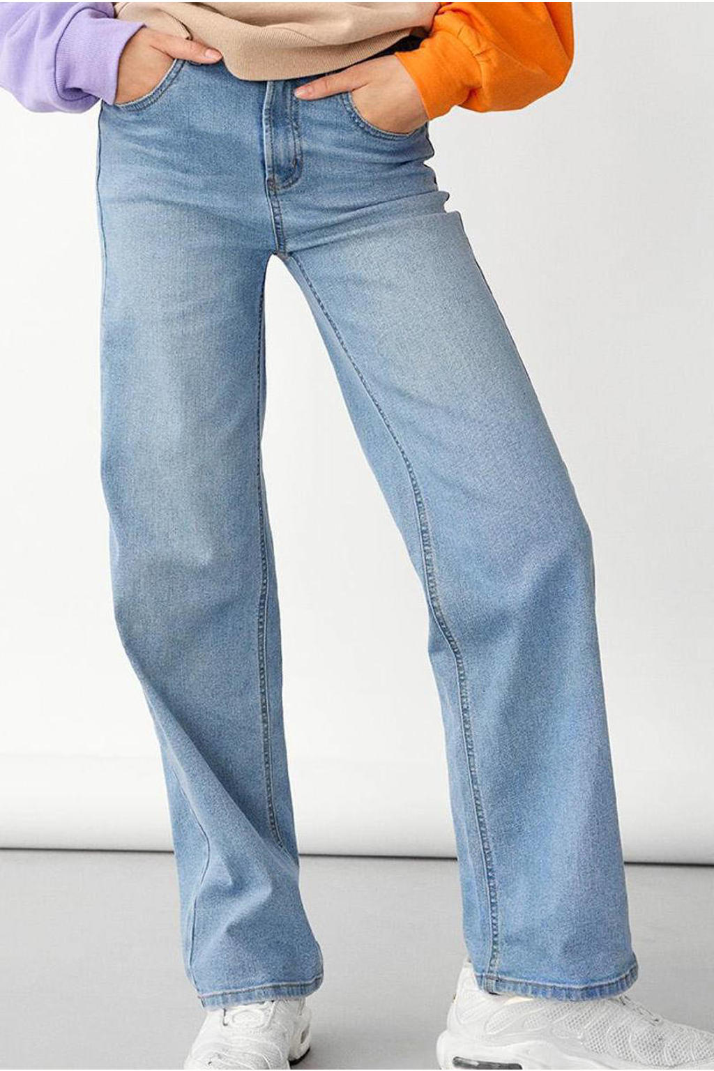 Lichtblauwe meisjes LMTD high waist wide leg jeans van duurzaam stretchdenim met rits- en knoopsluiting