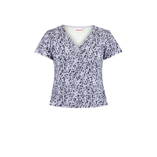 CoolCat Junior T-shirt Eila met all over print en overslag detail lila/zwart Paars Meisjes Polyester V-hals - 122/128