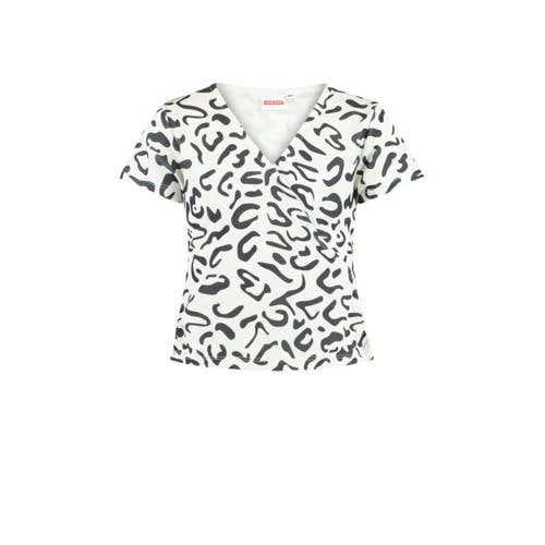 CoolCat Junior T-shirt Eila met all over print en overslag detail ecru/zwart Wit Meisjes Polyester V-hals - 146/152