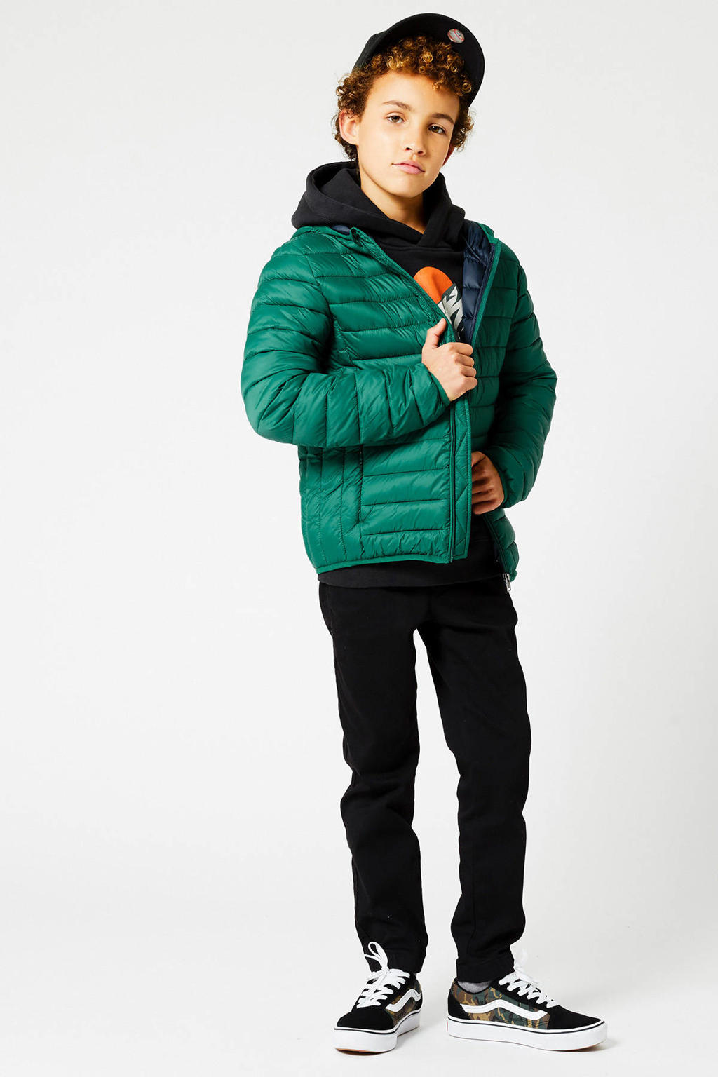 Groene jongens America Today gewatteerde tussenjas Alex van nylon met effen, lange mouwen, capuchon en ritssluiting