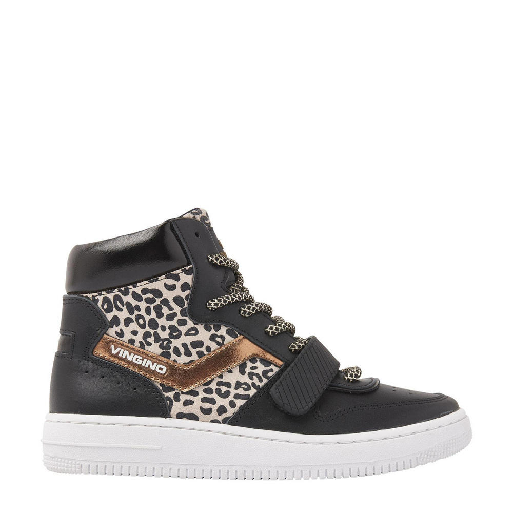 Zwart en multikleurige meisjes Vingino Senne Mid Velcro hoge leren sneakers met rits- en vetersluiting en panterprint