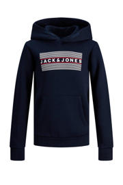 thumbnail: Donkerblauwe jongens JACK & JONES JUNIOR hoodie van sweat materiaal met logo dessin, lange mouwen en capuchon