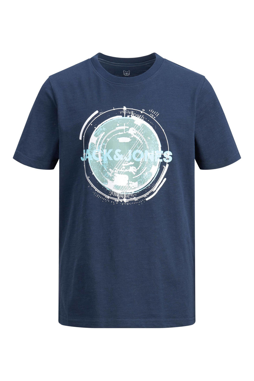 Donkerblauwe jongens JACK & JONES JUNIOR T-shirt van katoen met printopdruk, korte mouwen en ronde hals