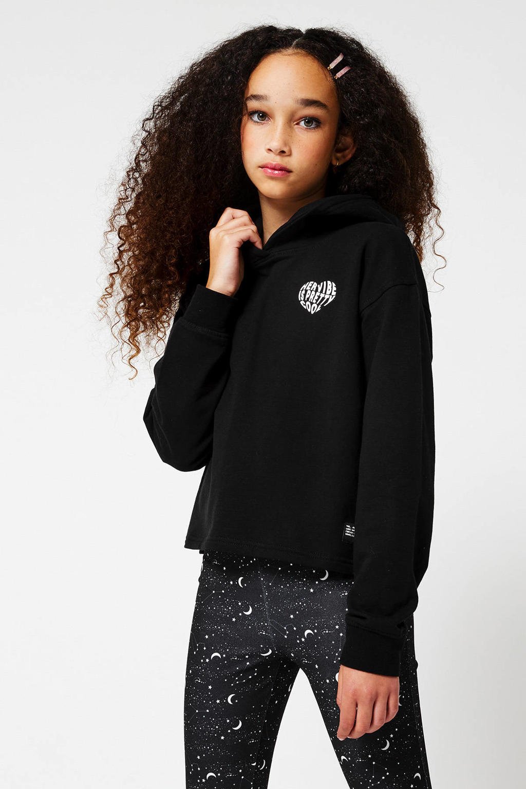 Zwarte meisjes CoolCat Junior hoodie van sweat materiaal met lange mouwen, capuchon en elastische boord