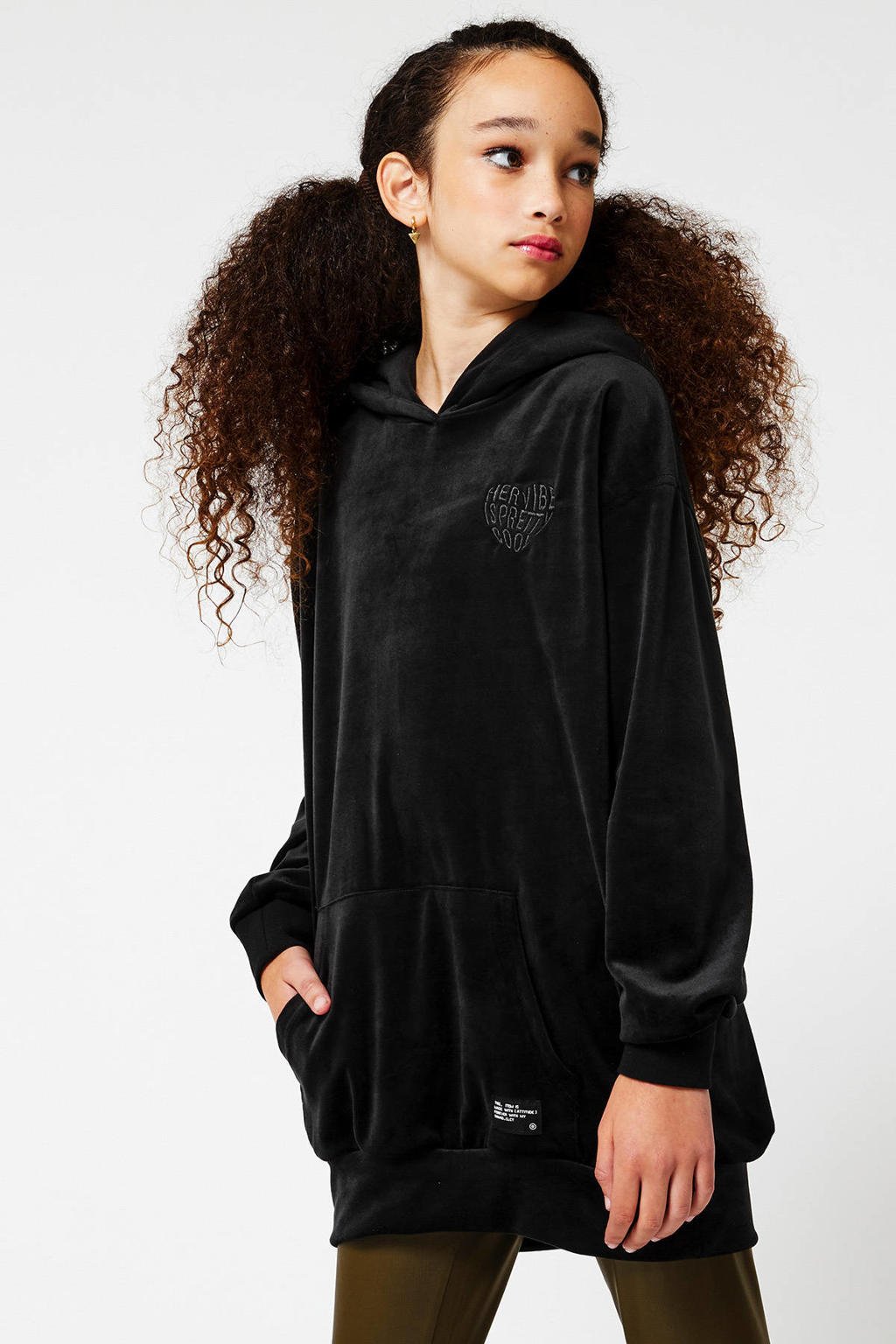 Zwarte meisjes CoolCat Junior jurk van polyester met lange mouwen, capuchon en elastische boord