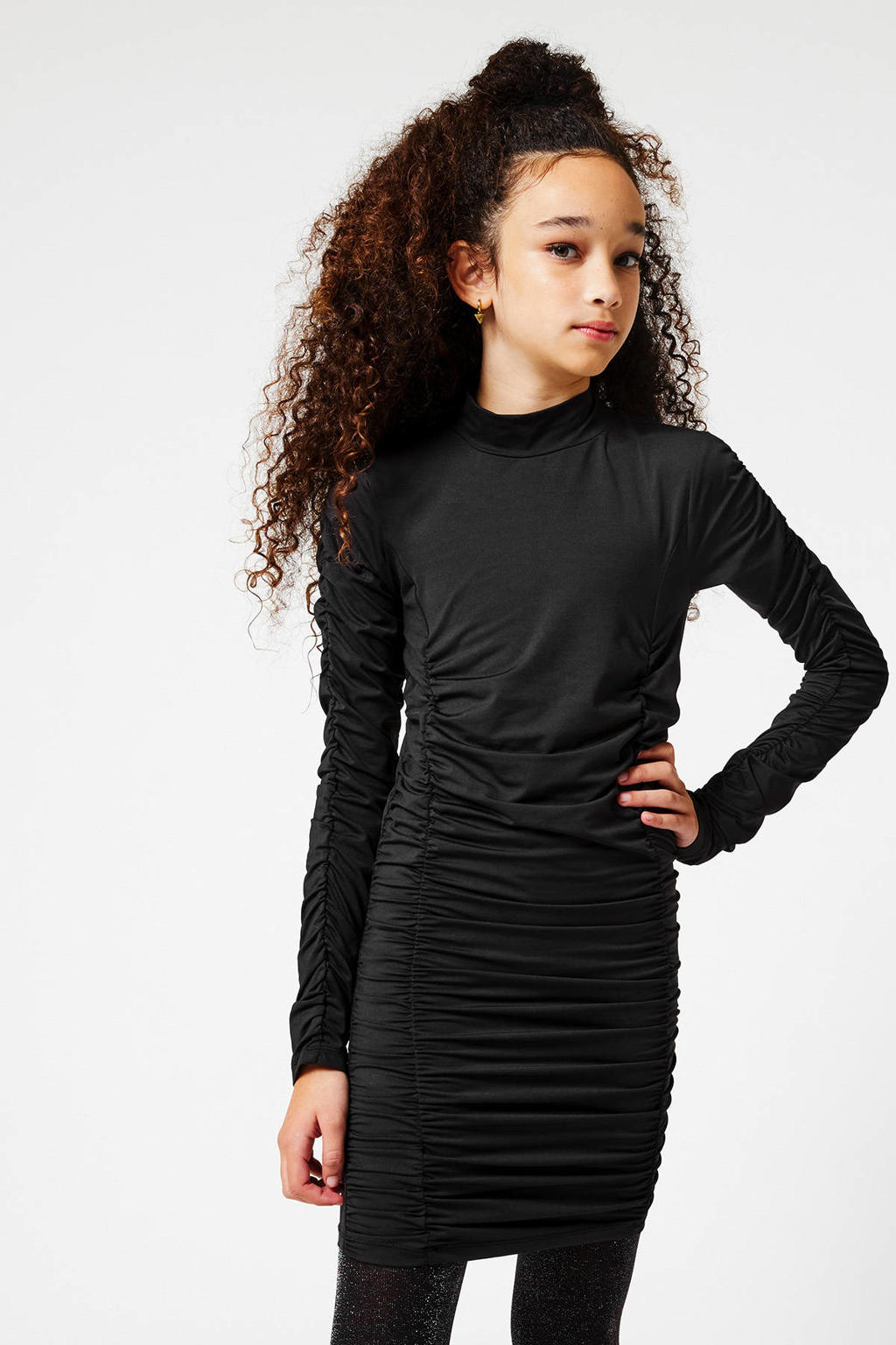 Zwarte meisjes CoolCat Junior jurk van polyester met lange mouwen en opstaande kraag