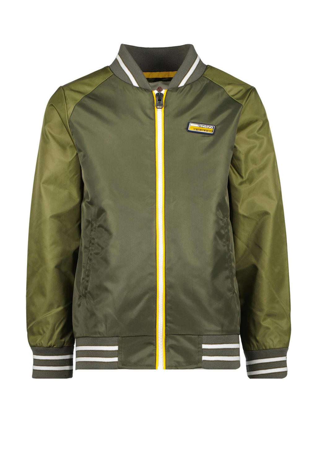 Groene jongens Vingino bomberjack zomer Tasali army van nylon met meerkleurige print, lange mouwen, ronde hals en ritssluiting