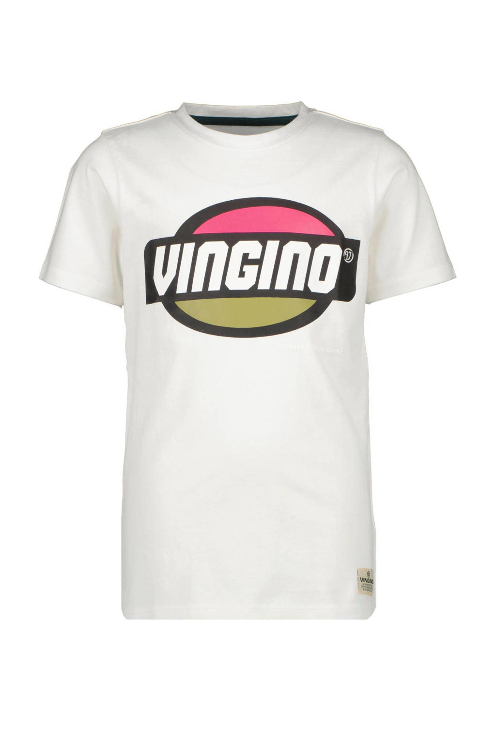 Witte jongens Vingino T-shirt Hufo van katoen met logo dessin, korte mouwen en ronde hals