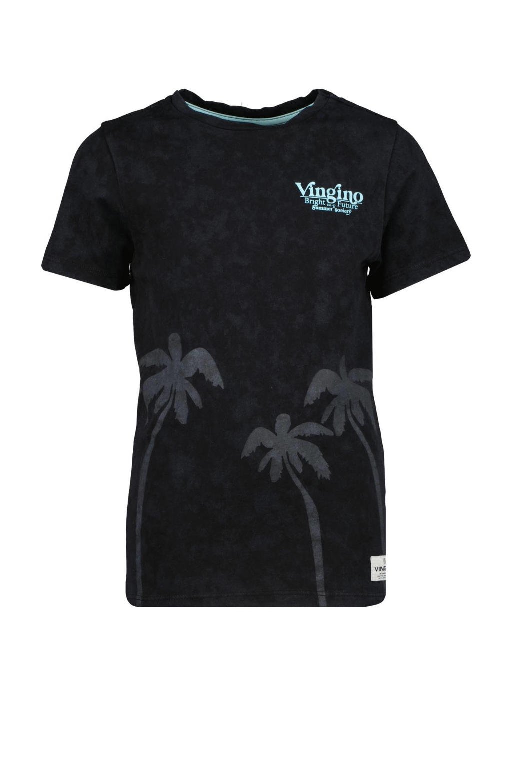 Zwarte jongens Vingino T-shirt Havairo van katoen met printopdruk, korte mouwen en ronde hals