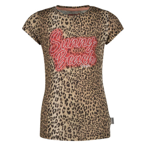 Vingino T-shirt Halexi met panterprint bruin/roze Meisjes Stretchkatoen Ronde hals