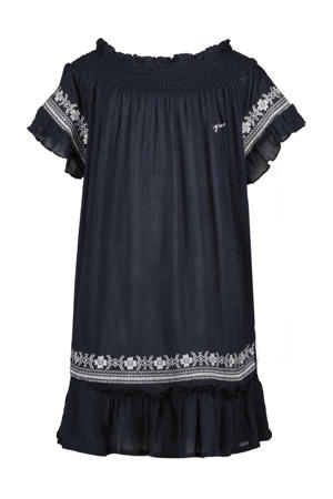 off shoulder A-lijn jurk Phiene met ruches donkerblauw/wit