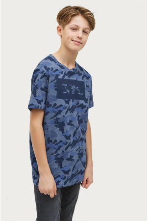 T-shirt Damien met camouflageprint blauw