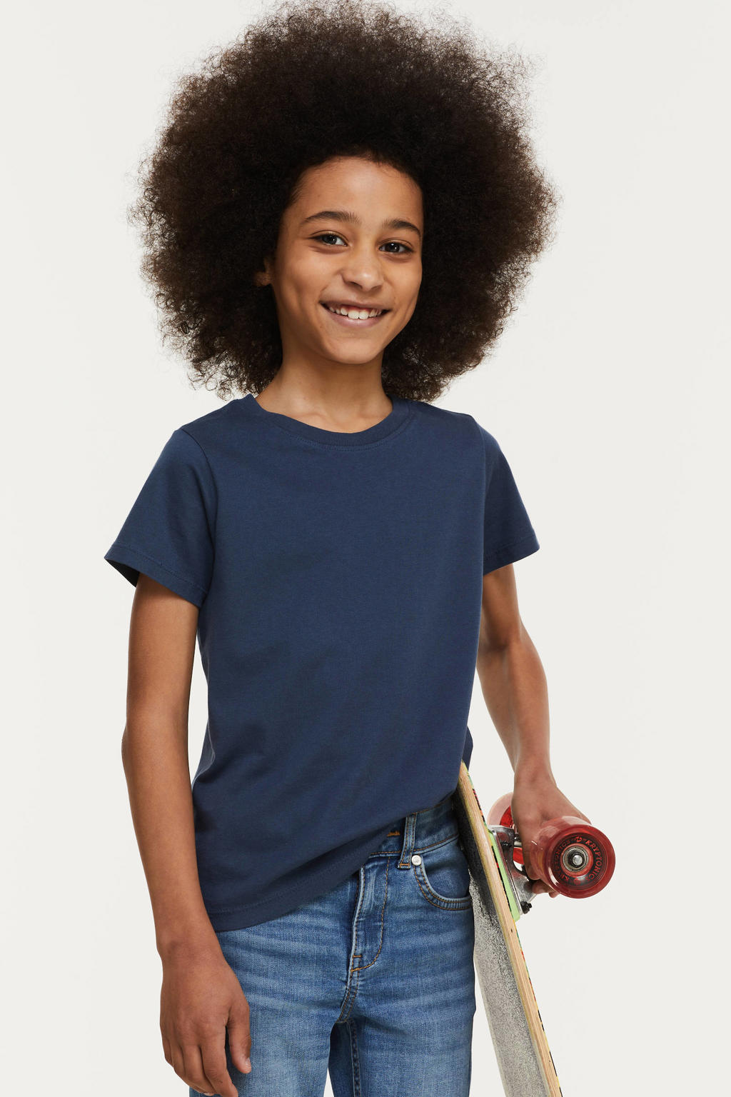 Donkerblauwe jongens anytime T-shirt van katoen met effen, korte mouwen, ronde hals en geweven detail