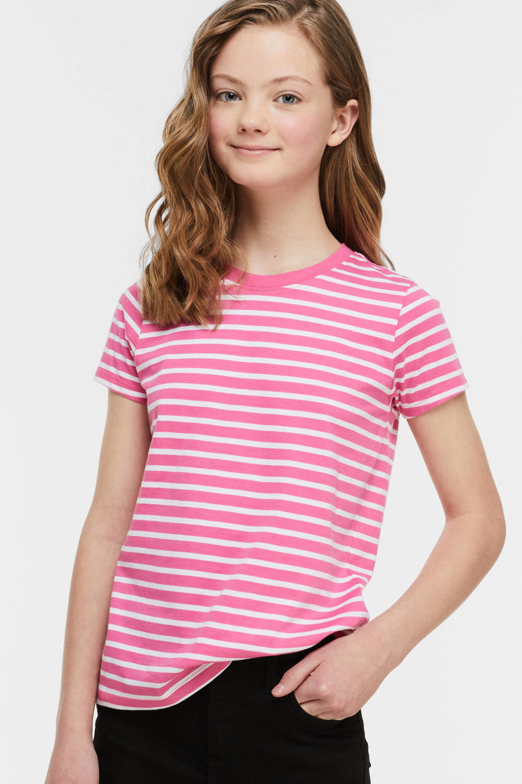 Roze meisjes anytime gestreepte T-shirt van katoen met korte mouwen en ronde hals