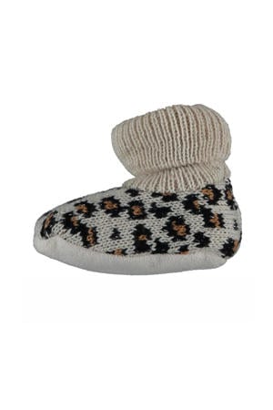 gebreide slofjes panterprint beige/zwart/bruin