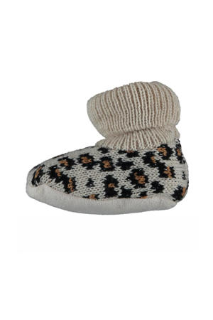 gebreide slofjes panterprint beige/zwart/bruin