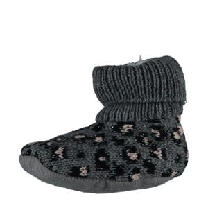 gebreide slofjes panterprint antraciet/zwart/beige