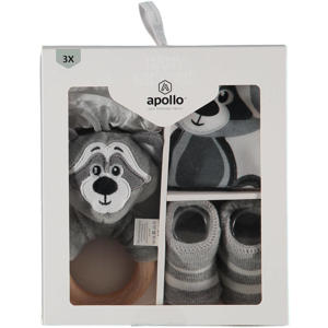 baby geschenkset wasbeer grijs