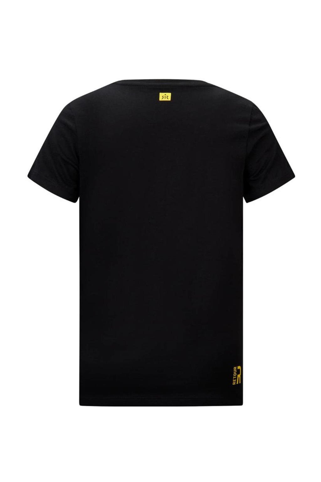 Zwart en gele jongens Retour Denim T-shirt Raoul van katoen met meerkleurige print, korte mouwen en ronde hals