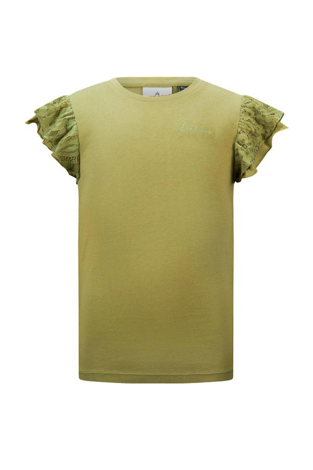 Groene meisjes Retour Jeans basic T-shirt Drancy van modal met effen, kapmouwtjes, ronde hals en kant