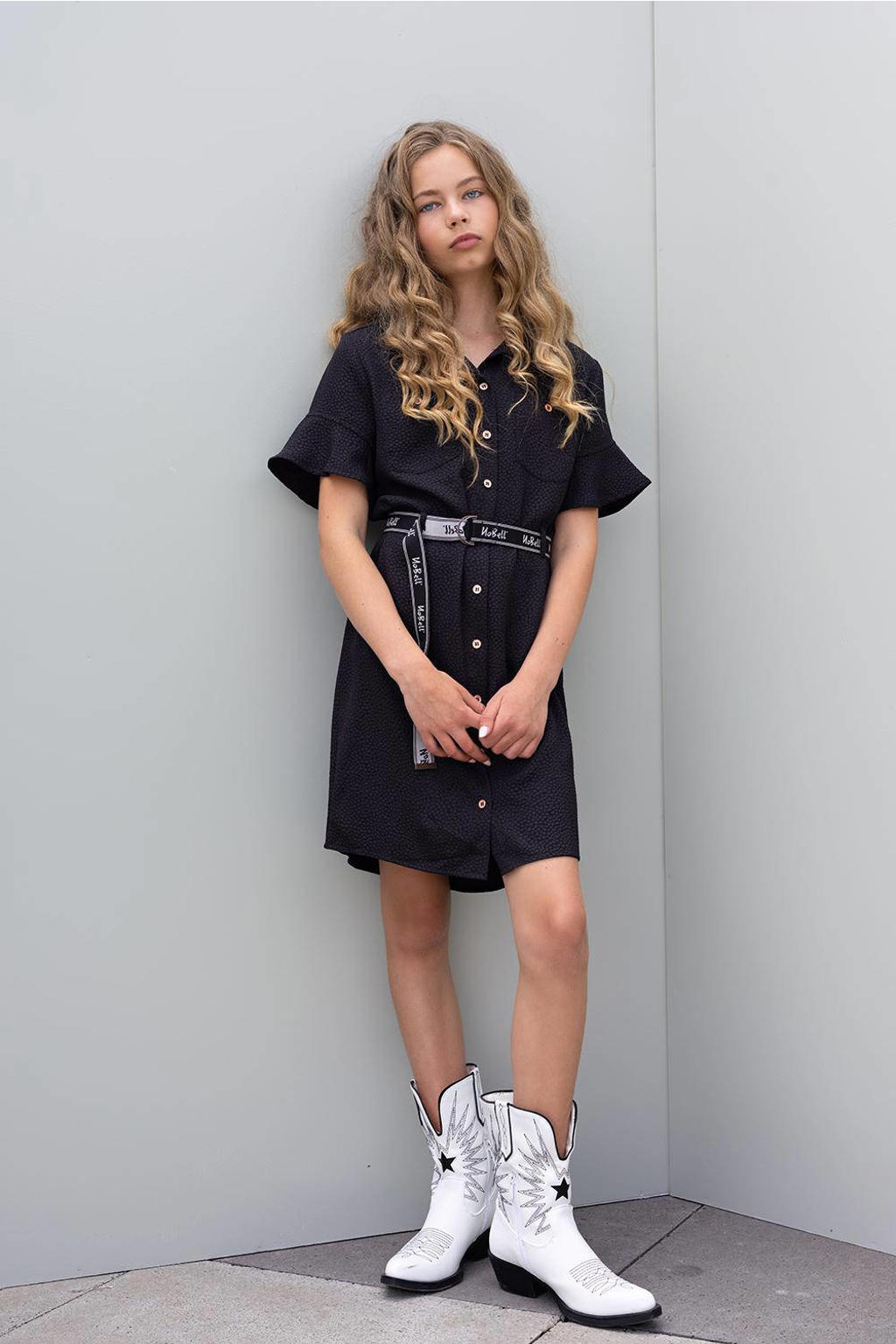Zwarte meisjes NoBell’ jurk Masa van polyester met all over print, korte mouwen, klassieke kraag en knoopsluiting