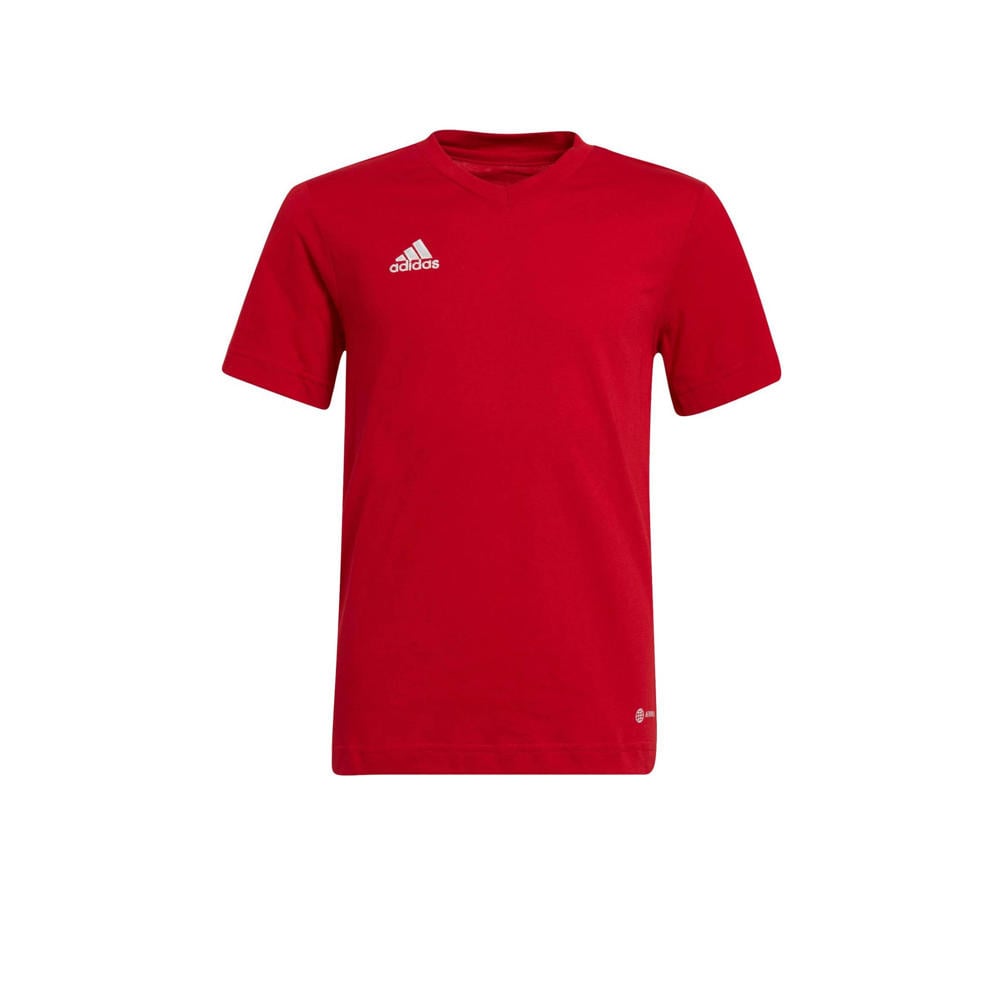 Rode jongens en meisjes adidas Performance Junior sport T-shirt van katoen met logo dessin, korte mouwen en V-hals