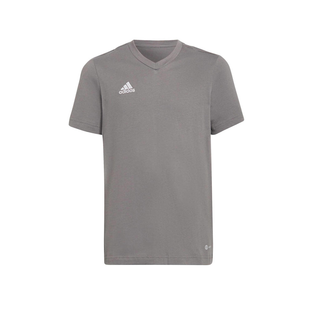 Grijze jongens en meisjes adidas Performance junior voetbalshirt van katoen met logo dessin, korte mouwen en V-hals