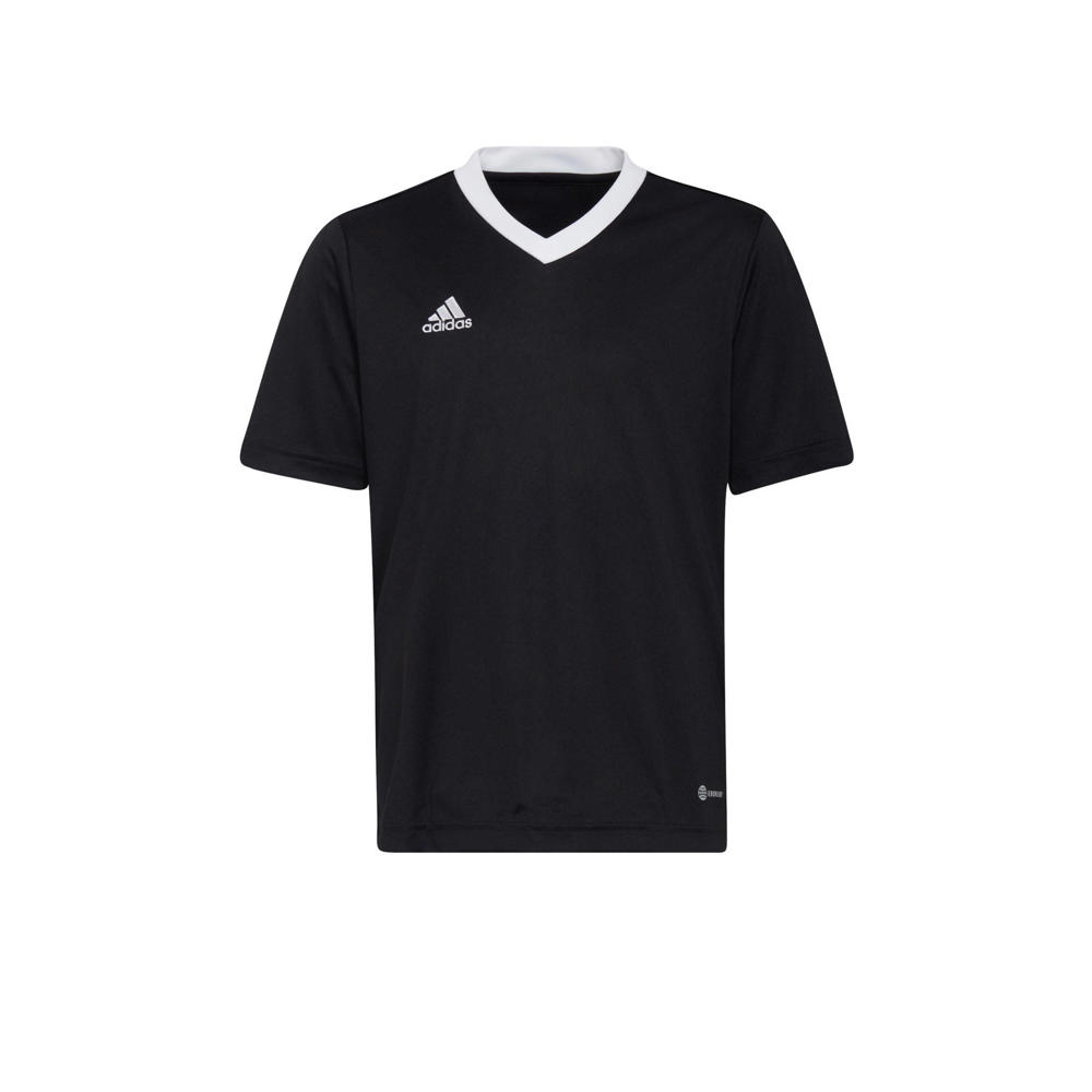 Zwarte jongens en meisjes adidas Performance junior voetbalshirt van polyester met logo dessin, korte mouwen en ronde hals