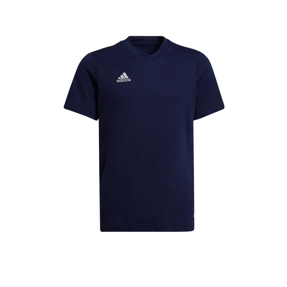 Donkerblauwe jongens en meisjes adidas Performance junior voetbalshirt van katoen met logo dessin, korte mouwen en V-hals