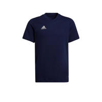 thumbnail: Donkerblauwe jongens en meisjes adidas Performance junior voetbalshirt van katoen met logo dessin, korte mouwen en V-hals