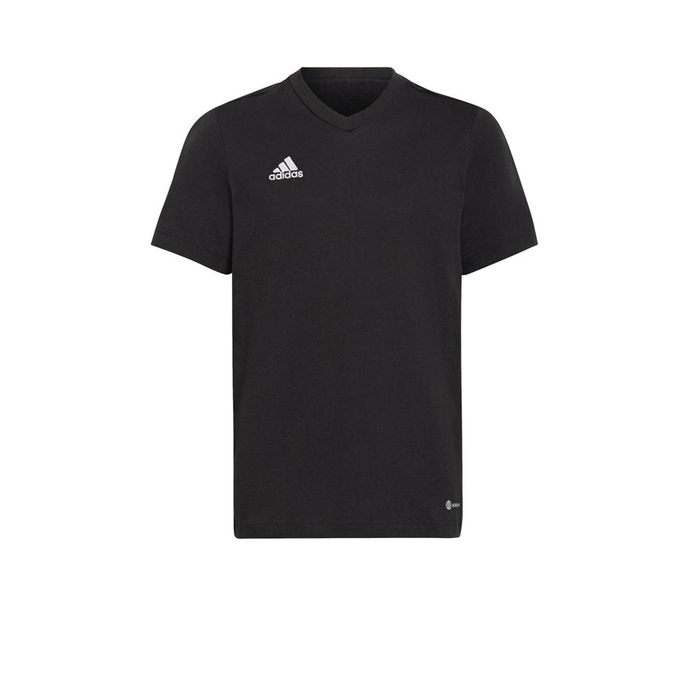 Zwarte jongens en meisjes adidas Performance junior voetbalshirt van katoen met logo dessin, korte mouwen en V-hals