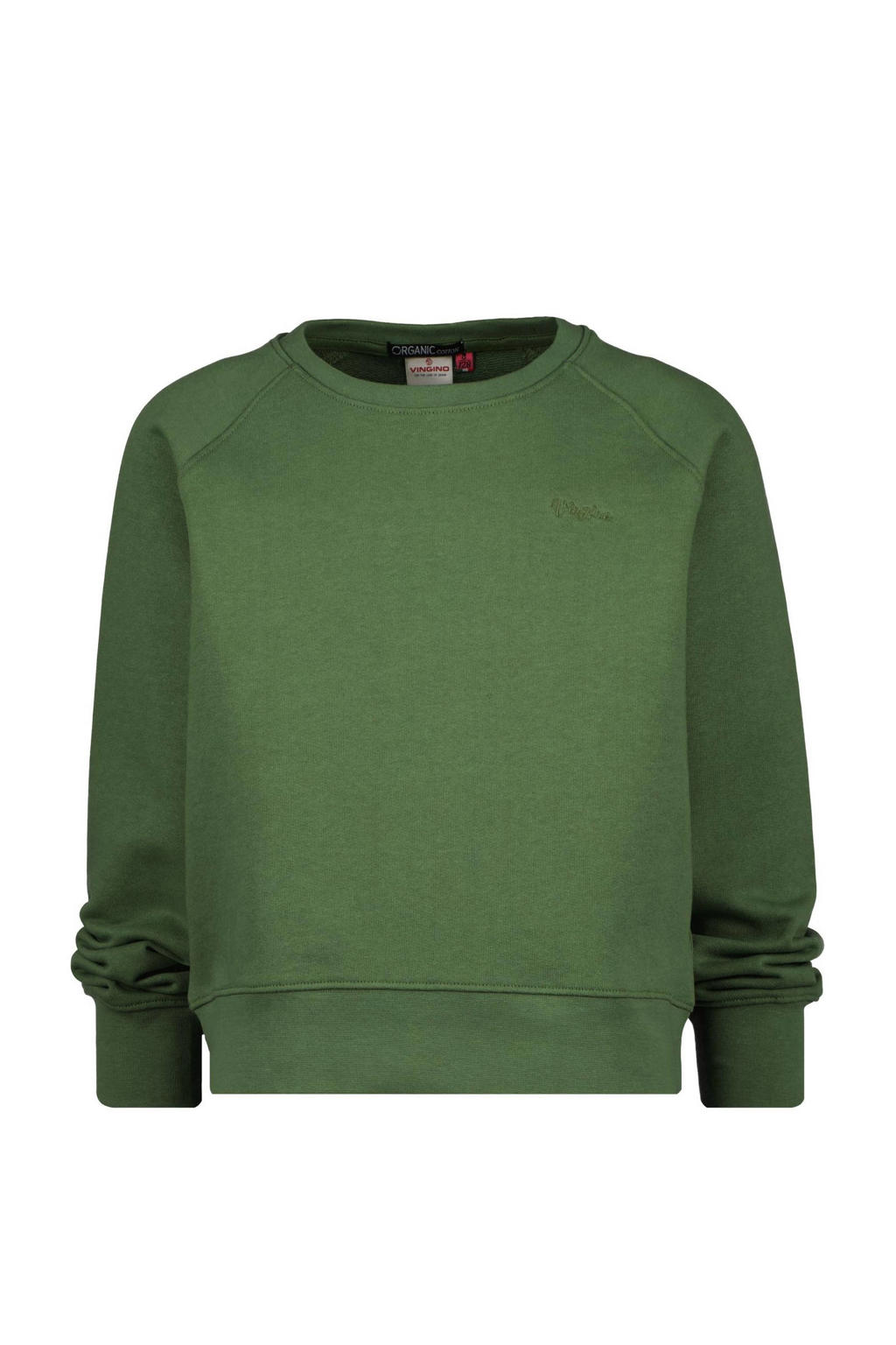 Groene meisjes Vingino Essentials sweater army met effen, lange mouwen en ronde hals