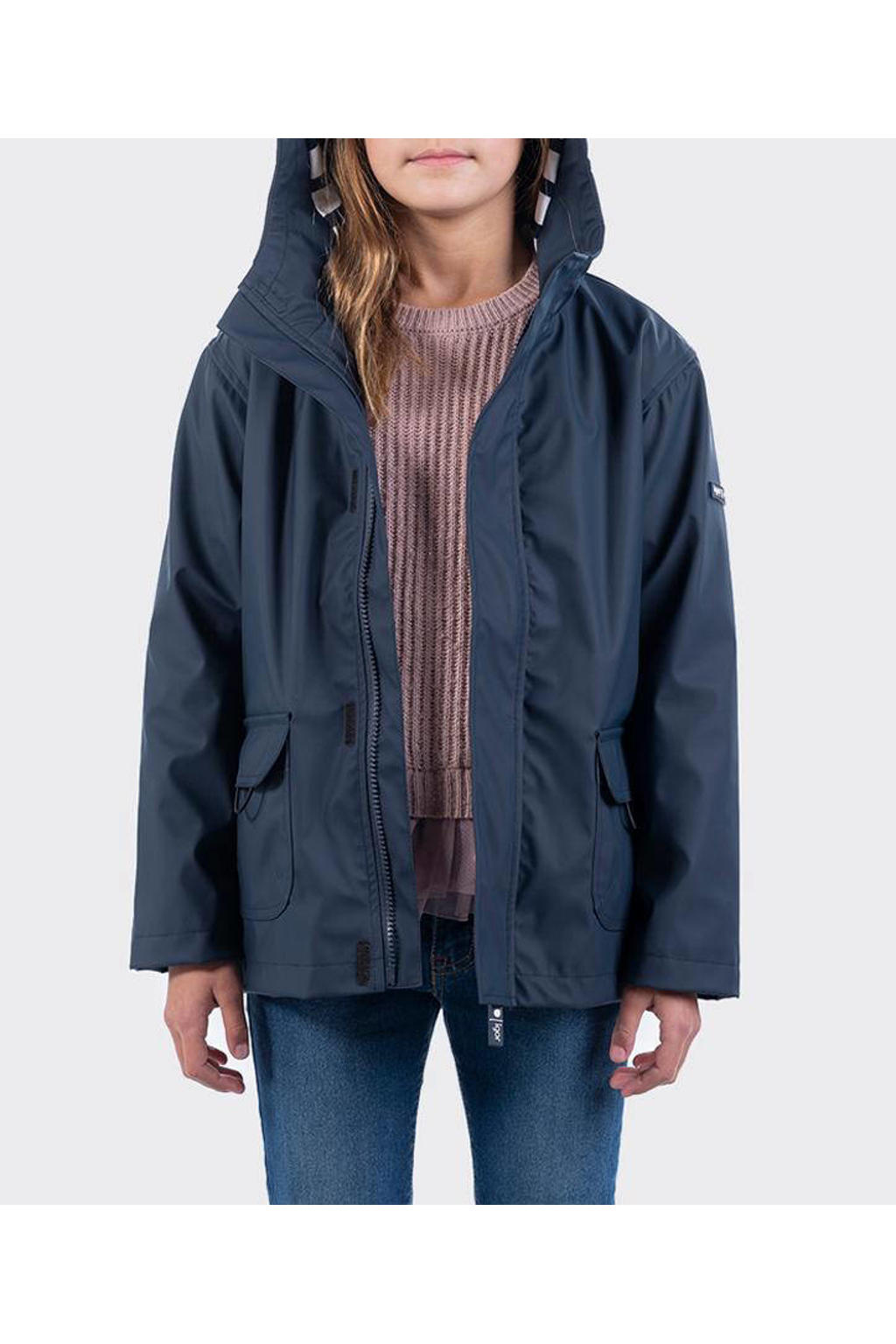 Blauwe jongens en meisjes Igor unisex regenjas zomer Euri van polyester met effen, lange mouwen, capuchon en rits- en klittenbandsluiting