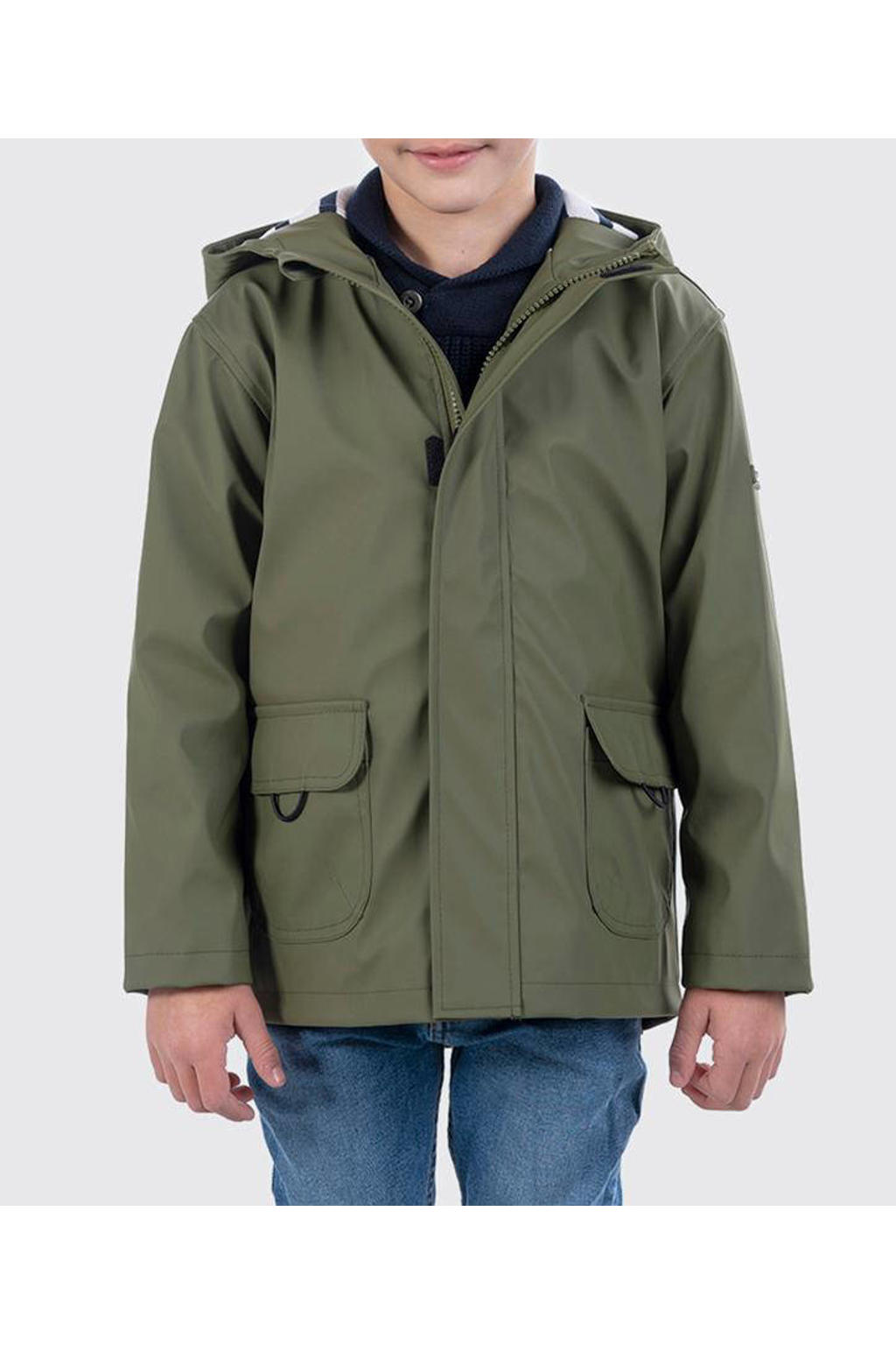 Groene jongens en meisjes Igor regenjas zomer Euri van polyester met effen, lange mouwen, capuchon en rits- en klittenbandsluiting