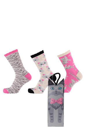 giftbox sokken met all-over-print - set van 3 grijs/roze