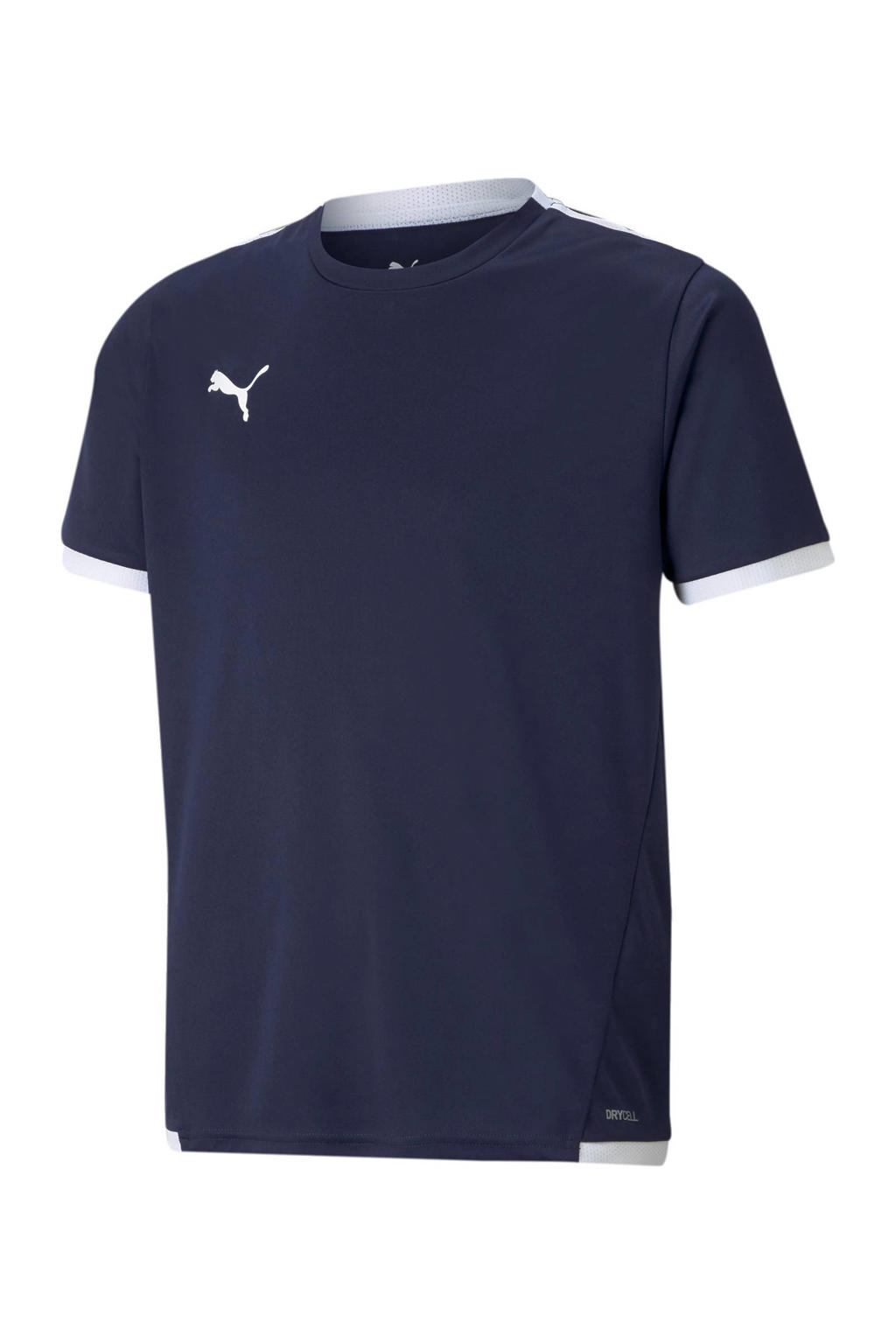Donkerblauw en witte jongens en meisjes Puma junior voetbalshirt van polyester met effen, korte mouwen en ronde hals