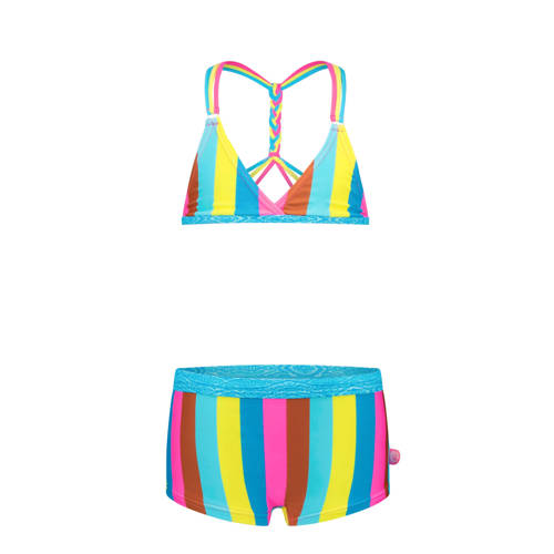 Just Beach gestreepte triangel bikini blauw/roze/geel Meisjes Gerecycled polyamide (duurzaam) - 92