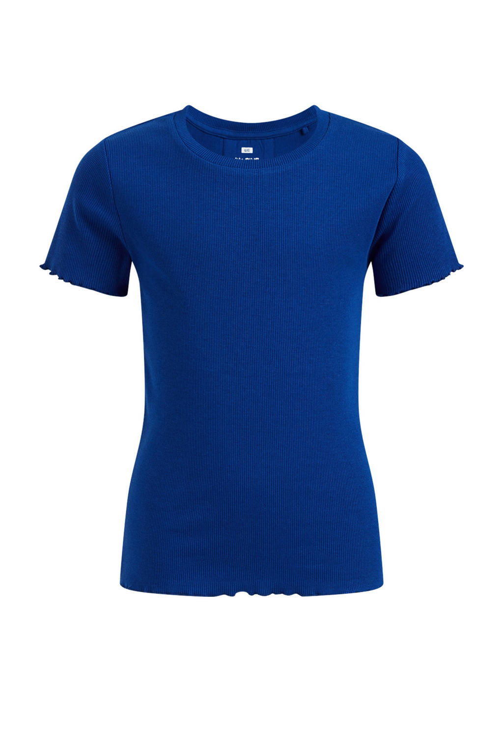 Blauwe meisjes WE Fashion T-shirt van katoen met korte mouwen, ronde hals en ruches