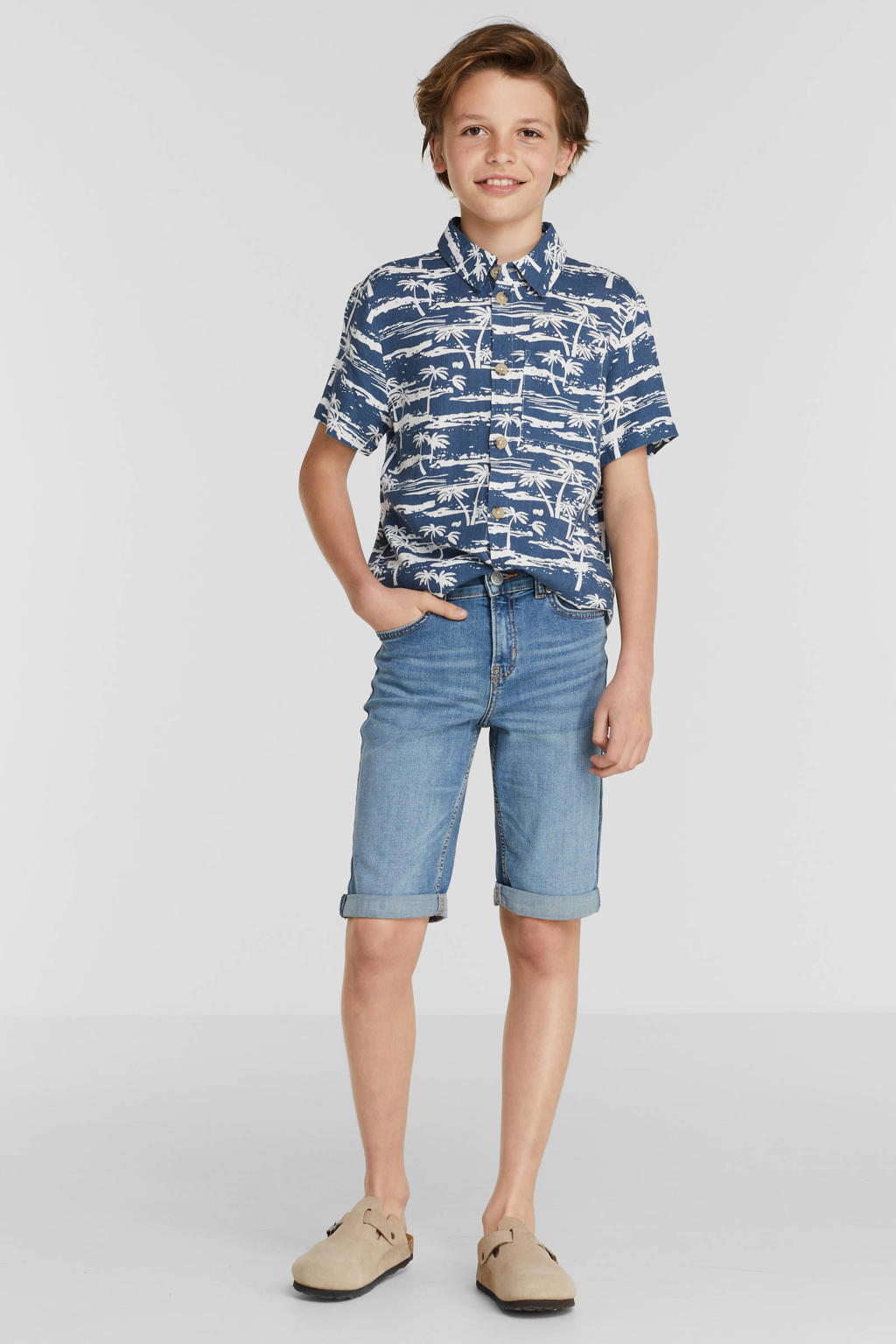 Light blue denim jongens anytime slim fit van stretchkatoen met regular fit, regular waist en effen