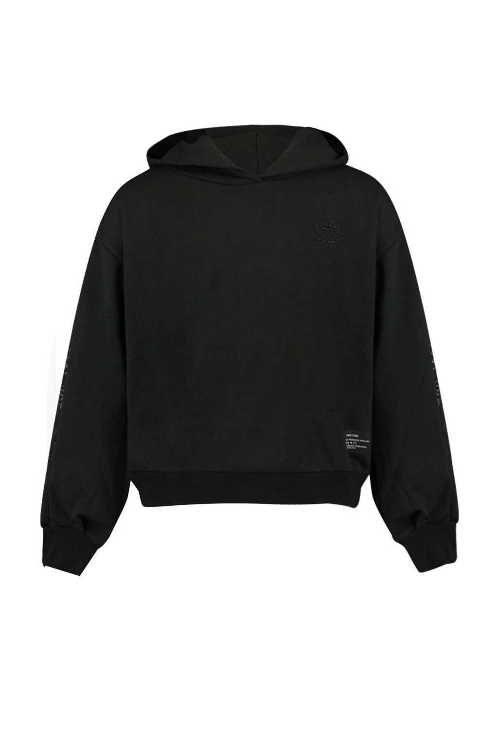 Zwarte meisjes CoolCat Junior hoodie Sasja van sweat materiaal met tekst print, lange mouwen, capuchon en geribde boorden