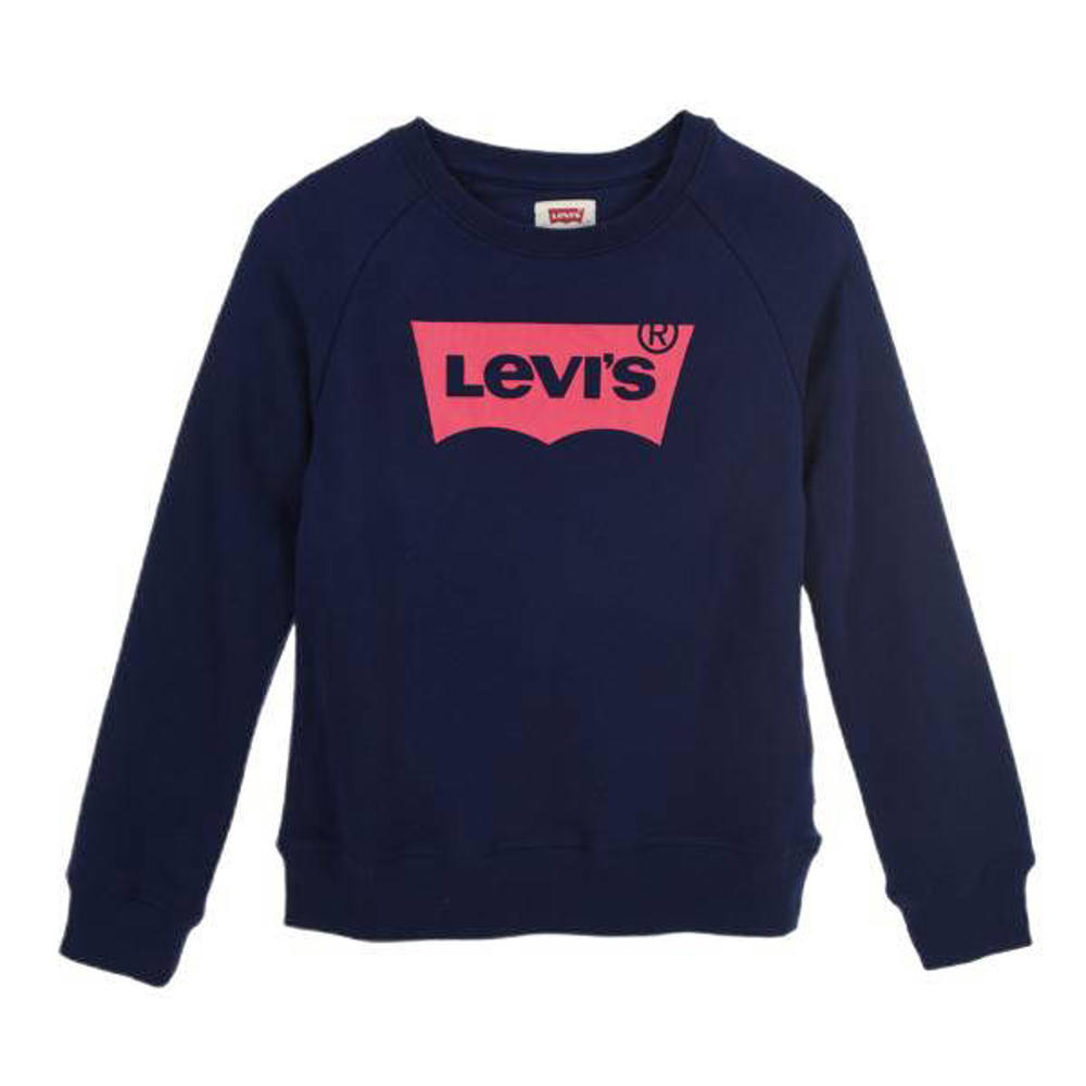 Donkerblauwe meisjes Levi's Kids sweater Batwing met logo dessin, lange mouwen en ronde hals
