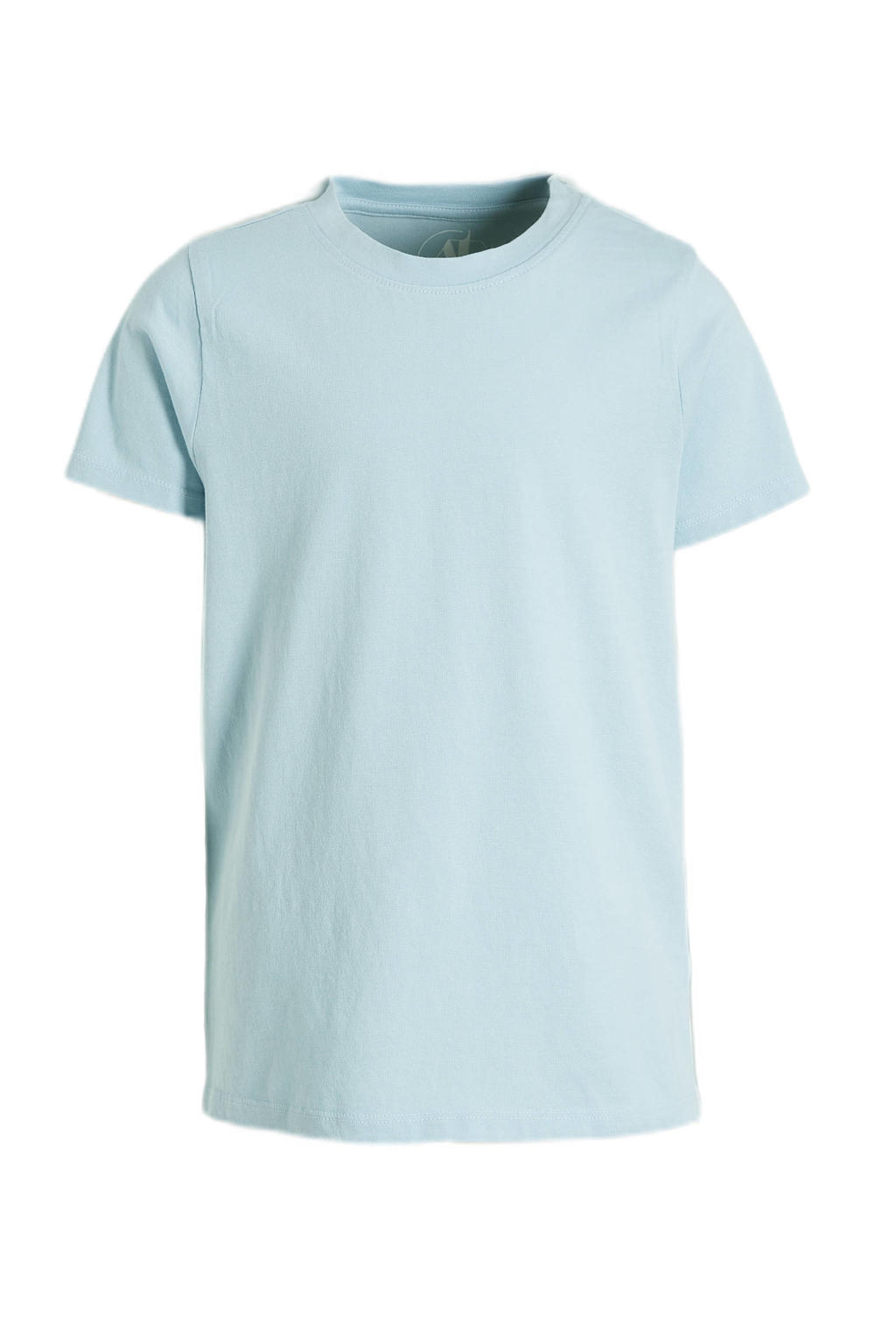 Lichtblauwe meisjes anytime basic T-shirt van katoen met effen, korte mouwen, ronde hals en geweven detail