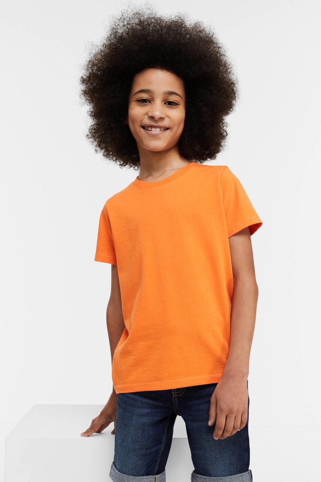Oranje jongens anytime geweven T-shirt van duurzaam katoen met korte mouwen en ronde hals