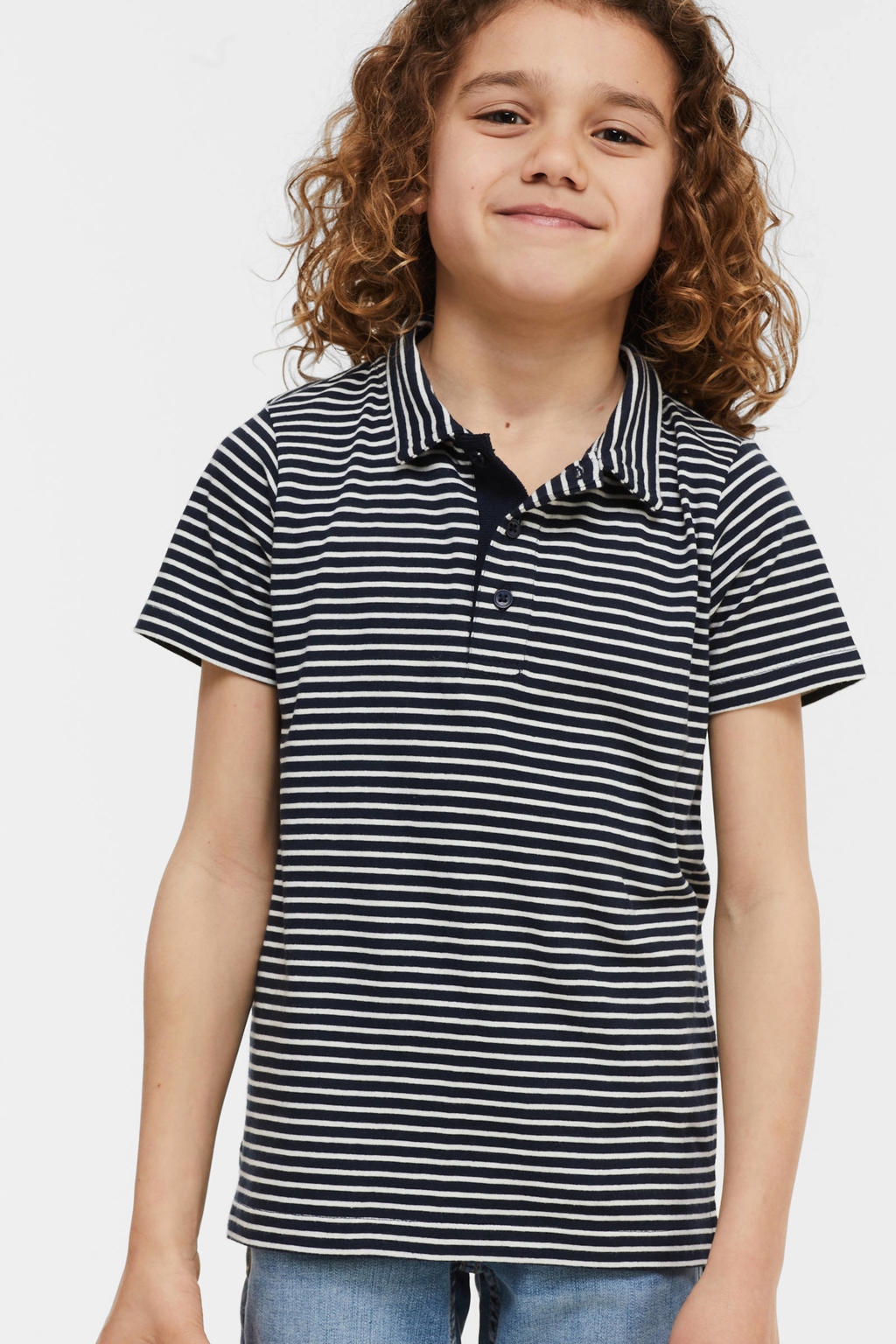 Blauw, donkerblauw en witte jongens anytime gestreepte polo van katoen met korte mouwen en knoopsluiting