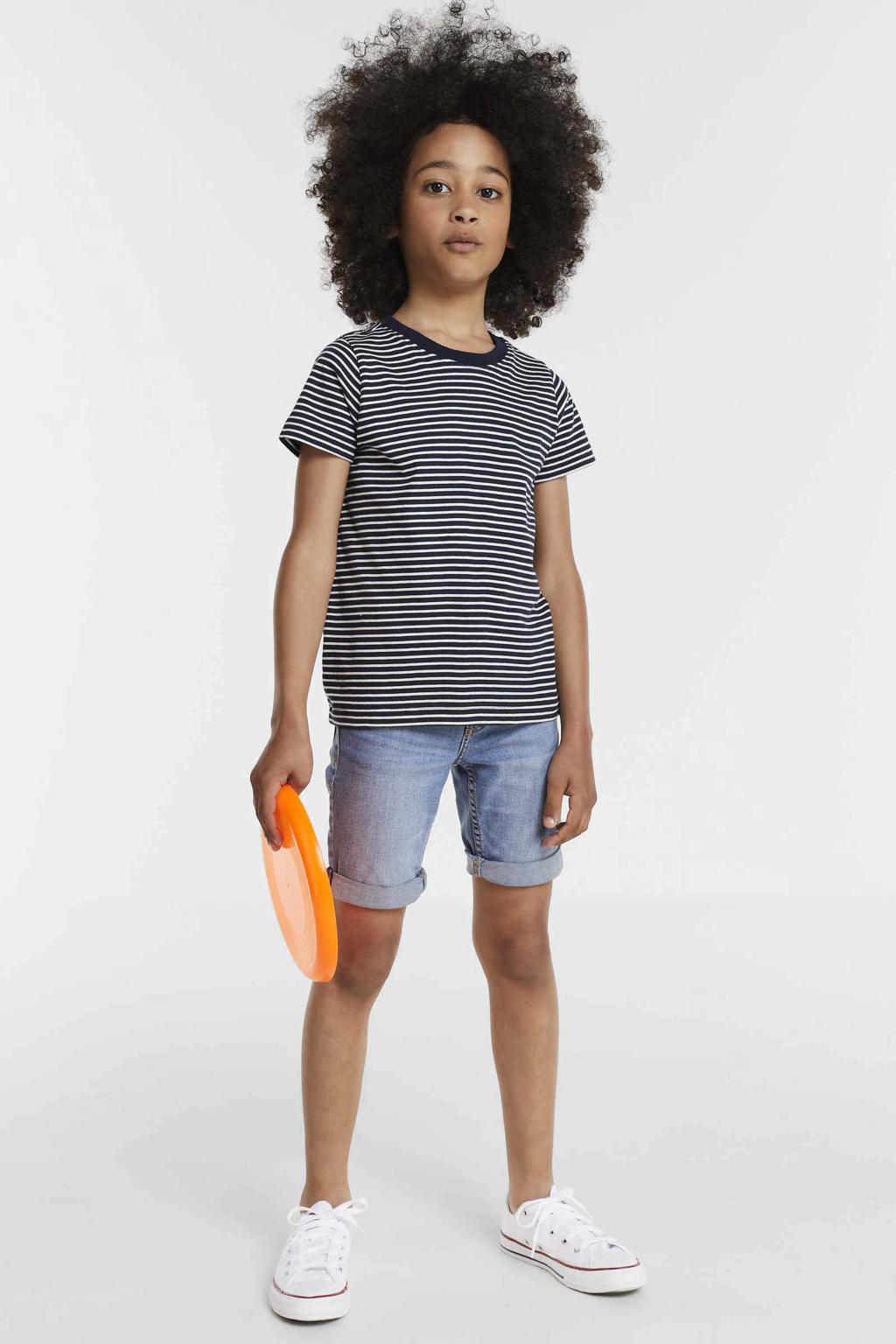 Blauw en witte jongens anytime gestreepte T-shirt van katoen met korte mouwen en ronde hals