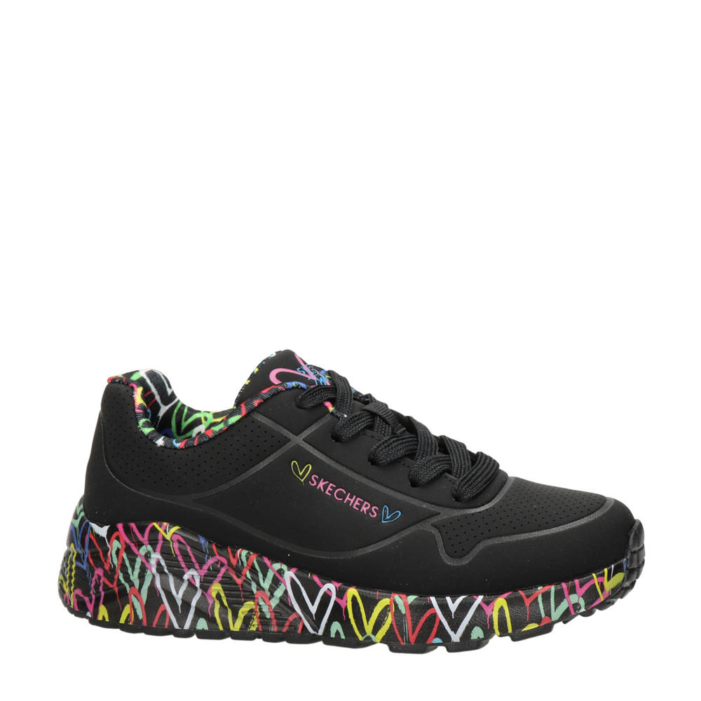 Zwarte meisjes Skechers Uno Light sneakers van imitatieleer met chunky hak, veters en hartjesprint