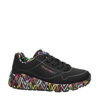 thumbnail: Zwarte meisjes Skechers Uno Light sneakers van imitatieleer met chunky hak, veters en hartjesprint